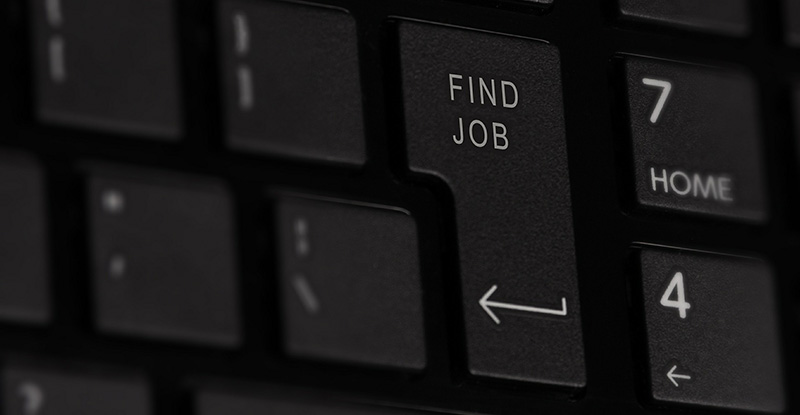 Where Can I Find Support for my Job Search? A closeup of a keyboard with a focus on the return key, which reads 'Find a job'.