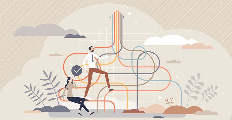 An illustration of colourful pipelines starting as squiggly lines at the bottom and converging at the top to form an upward-pointing arrow. A man and woman stand nearby, looking at the formation thoughtfully, symbolizing progress and direction.