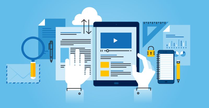 An illustration featuring a tablet with a play button at the centre of its screen, surrounded by books, a pencil, and gear icons. A hand is holding the tablet.