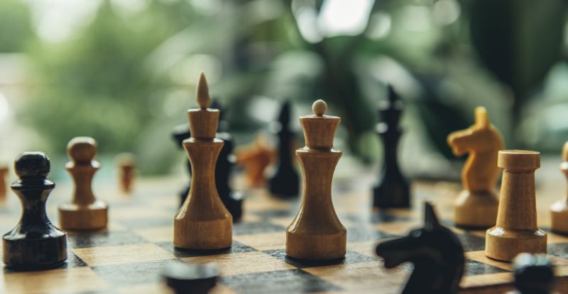 A photo of a chess board placed against a backdrop of a nature.