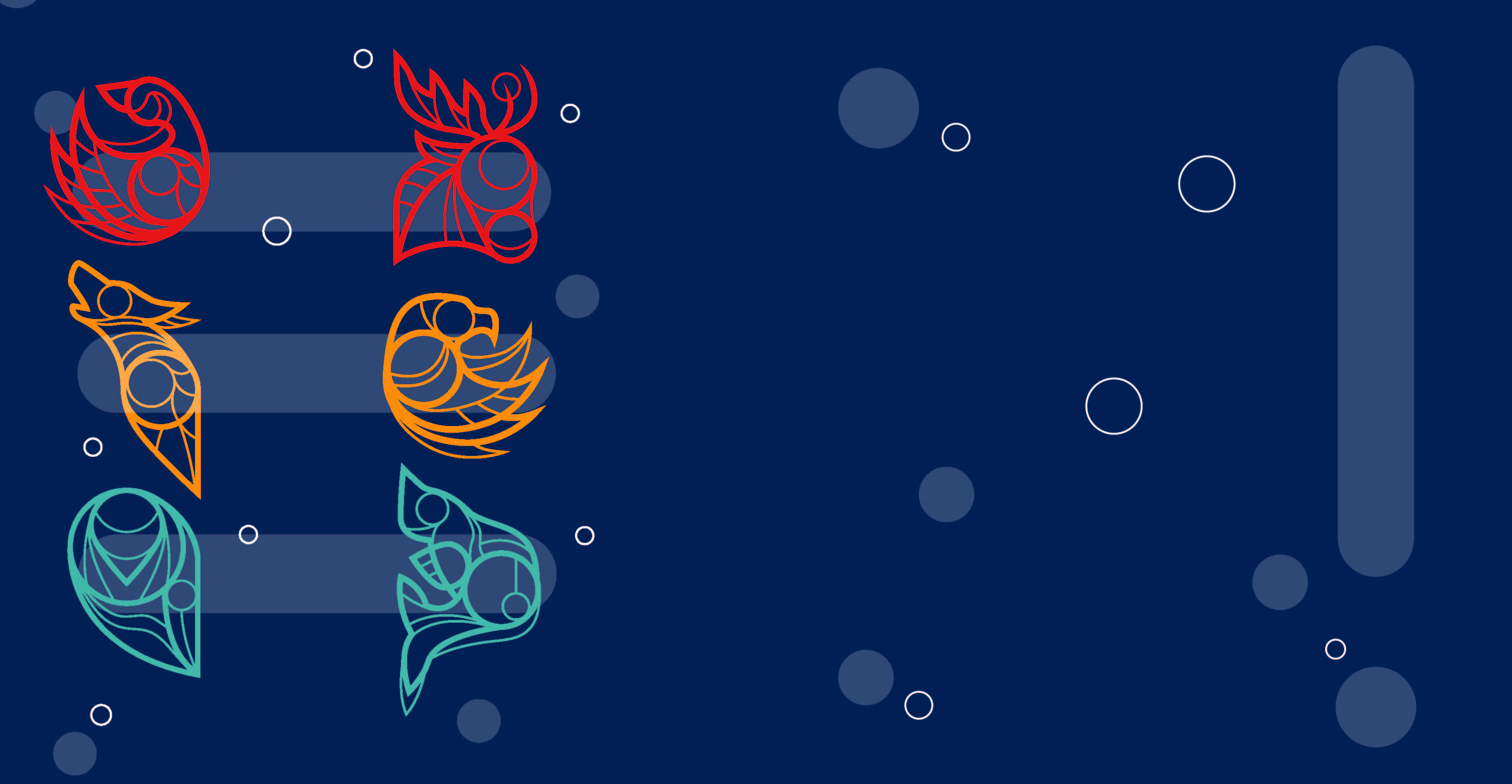 A background art in dark blue for the 2023 CPA Indigenous Education Program Webinar with animal ,bird and fish icons on the left side in red, yellow and blue colours. 